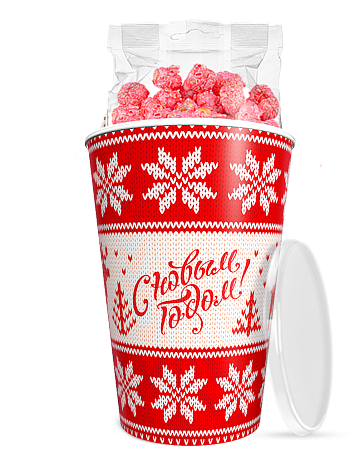 Карамелизированный попкорн "Клубника со сливками" в красном новогоднем стакане